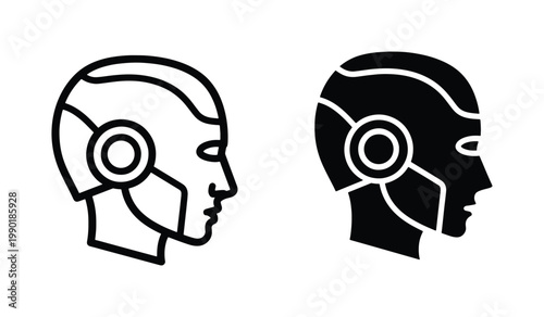 Futuristic robot head icons, artificial intelligence cyborg profile vector set, minimalist humanoid android face symbols for technology and science fiction