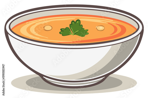 Illustration of a steaming bowl of hearty vegetable soup with fresh parsley garnish