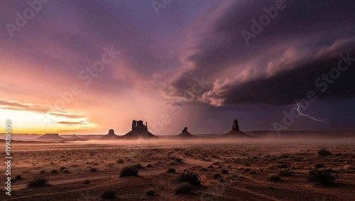 Dramatic desert landscape at sunset with lightning storm and vibrant sky