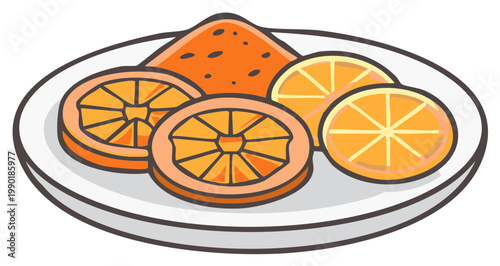 Cartoon plate of fresh orange fruit slices and zest seasoning food illustration