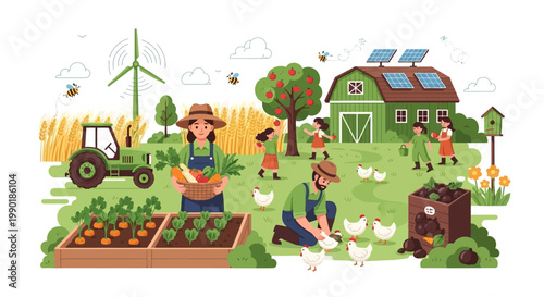 Sustainable Farm Life: Farmers, Children, Animals, Crops, and Renewable Energy