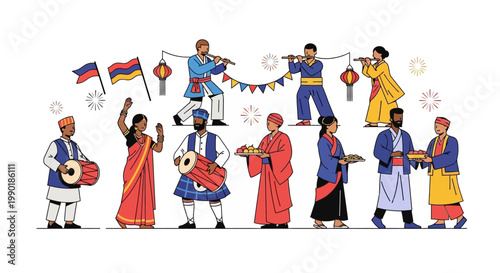 Diverse cultural festival with people in traditional costumes playing music and offering food