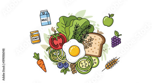 Healthy Breakfast Food Assortment: Egg, Toast, Fruits, Vegetables, Milk, Honey