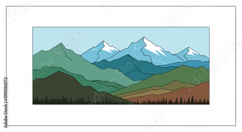 Stylized Mountain Range Landscape - Snow-Capped Peaks, Green Hills, Blue Sky