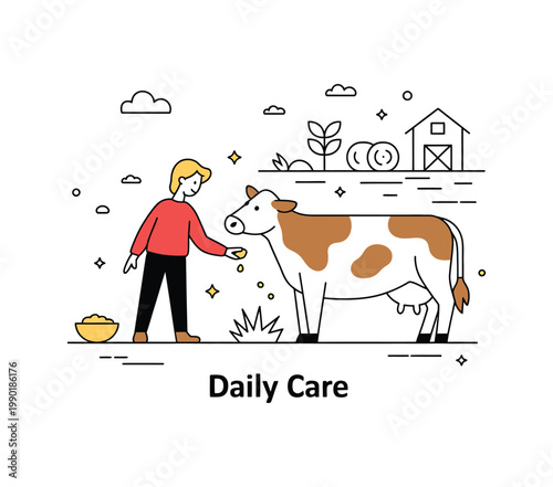 Friendly Cow Feeding – Simple Countryside Illustration