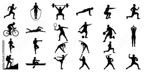 Dynamic collection of diverse athletic sports and fitness activity silhouettes showcasing active individuals