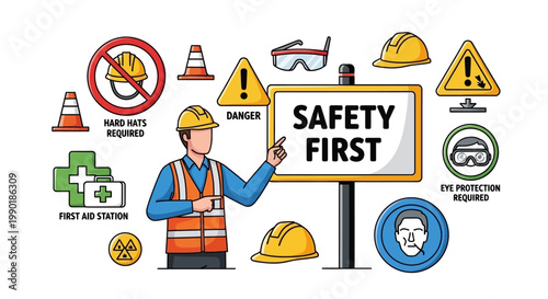 Construction Safety First: Worker, Hard Hats, Eye Protection, First Aid, Danger Signs