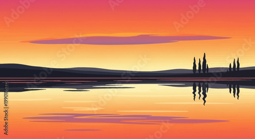 Pixel Art Sunset Reflection - Serene Lake Horizon with Silhouetted Trees