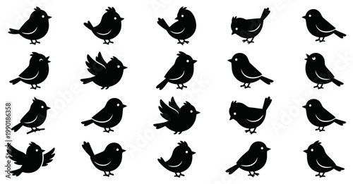 Dynamic collection of diverse bird silhouette icons, featuring various avian poses for graphic design projects and decorative elements