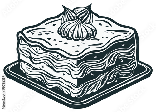 Stylized vintage illustration of a layered tiramisu cake slice with cream topping