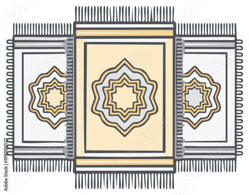 Three decorative Islamic prayer mats with intricate geometric patterns and fringes, cultural illustration.