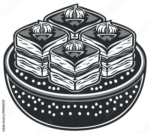 Stylized monochrome vector illustration of traditional baklava dessert pieces on a decorative plate.