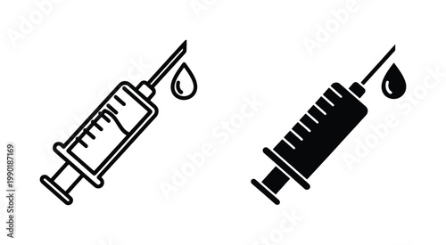 Medical syringe icon set, black line and silhouette hypodermic needle vectors, vaccination and injection symbols for healthcare infographics
