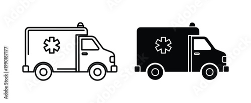 Ambulance emergency vehicle icons, medical transport van line and silhouette vector set, healthcare first aid response truck graphics