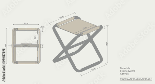 Foldable metal stool diagram with canvas seat: product dimensions blueprint style illustration for furniture design and manufacturing