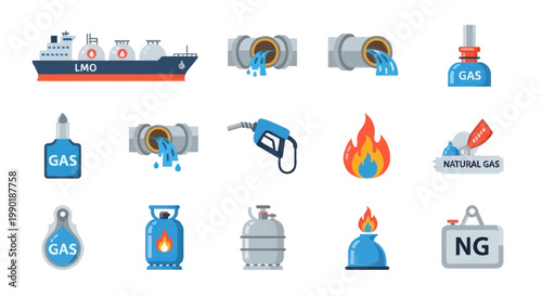 Natural Gas Energy Icons: LNG Tanker, Pipeline, Flame, Gas Pump, Propane Tank, Stove