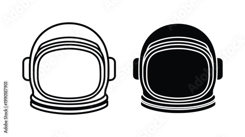 Astronaut helmet vector icons, minimalist space suit headgear line art, black and white cosmonaut helmet silhouettes for science and technology design