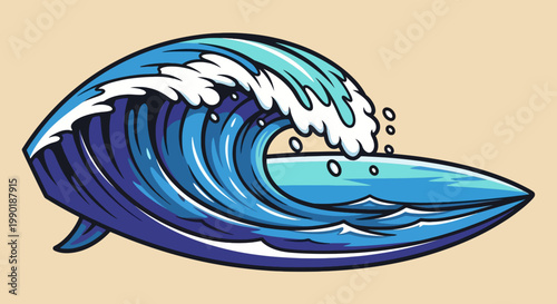 Illustration of a dynamic wave curling over a surfboard in shades of blue and white with a beige background in cartoon style