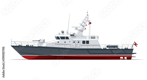 Illustration of a fast patrol boat sailing on the water featuring naval equipment and Latvian flag for maritime security and coastal defense