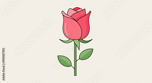 Illustration of a red rose with green leaves and stem presented in a simplistic flat cartoon style on a light beige background