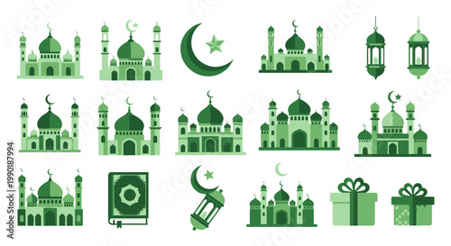 Islamic Symbols Collection: Mosques, Crescent Moon, Lanterns, Quran, Gift Boxes in Green Tones
