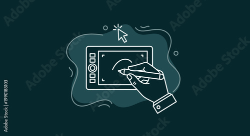 Illustration of graphic tablet with hand using stylus for digital drawing against abstract blob shape backdrop design element