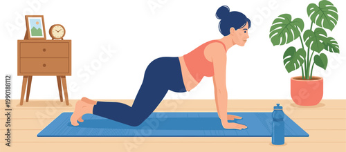 Woman practicing yoga at home on mat doing tabletop pose indoor fitness workout healthy lifestyle flat vector illustration