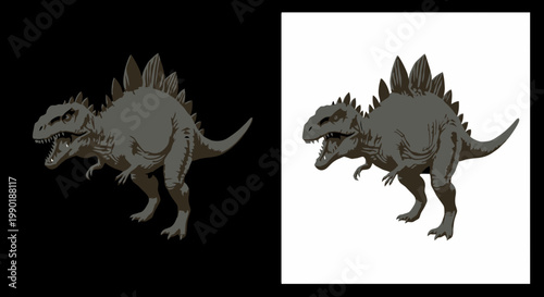 Illustration of menacing dinosaur with sharp teeth and spikes on back in side profile on white background; prehistoric reptile