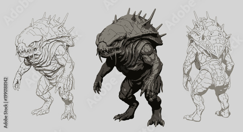 Illustration of spiky armored monster with large head and menacing tusks in front and back view fantasy art digital painting