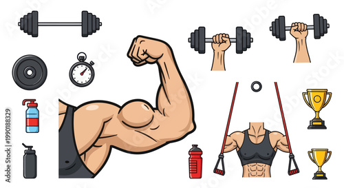 Fitness and bodybuilding icons: muscle arm, dumbbells, stopwatch, trophy, supplements, and workout equipment
