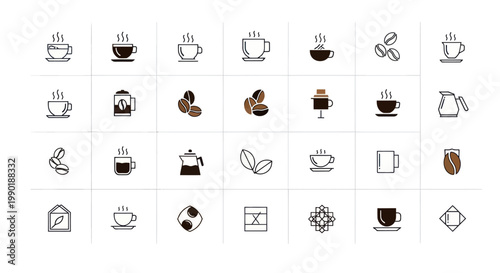 Coffee Icons Set: Cups, Beans, Mugs, Pitcher, Mokapot, Envelope - Vector Graphics