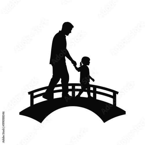 Father's Day silhouette of dad and child walking on bridge, family love, parenthood concept