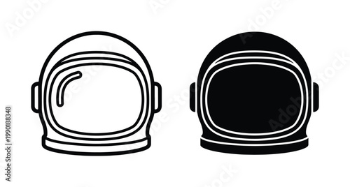 Astronaut helmet vector icons, minimalist space suit headgear set, black and white cosmonaut equipment symbols for science and exploration projects