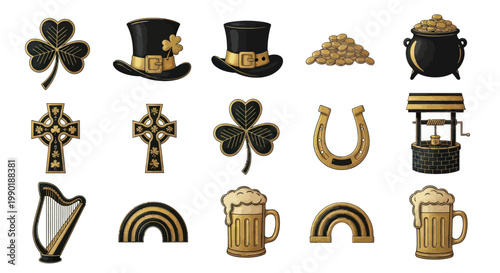 St. Patrick's Day Icons: Shamrocks, Leprechaun Hat, Pot of Gold, Beer, Harp