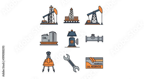 Oil Industry Icons: Pumpjack, Rig, Storage Tank, Pipeline, Wrench, Surveyor