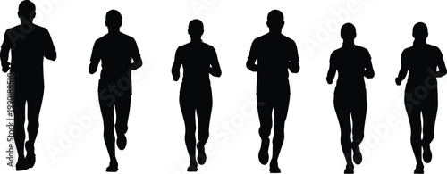 Group of seven marathon runners in motion, set of black vector silhouettes of athletes sprinting and jogging isolated on white.
