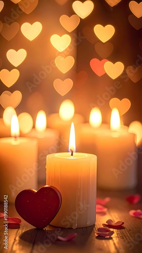A serene scene of lit candles with a red heart