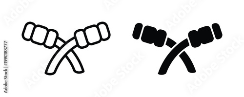 Minimalist jump rope vector icons, crossed skipping rope handles for fitness and cardio, black line and solid silhouette gym equipment symbols