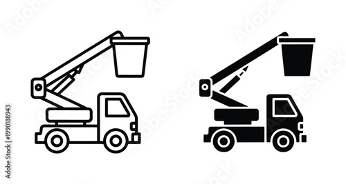 Bucket truck vector icons, cherry picker utility vehicle symbols, industrial aerial platform truck set, hydraulic lift crane machinery