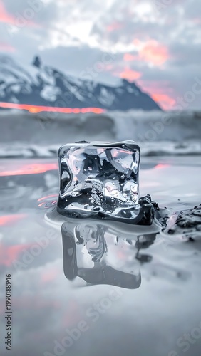 A single melting ice cube on reflective water surface