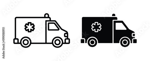 Ambulance vector icons set, medical emergency vehicle line and glyph style, healthcare transport symbols for hospital apps and first aid signage