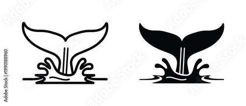 Minimalist whale tail icons, black and white fluke silhouettes with water splash, marine life vector symbols for nautical branding and ocean conservation