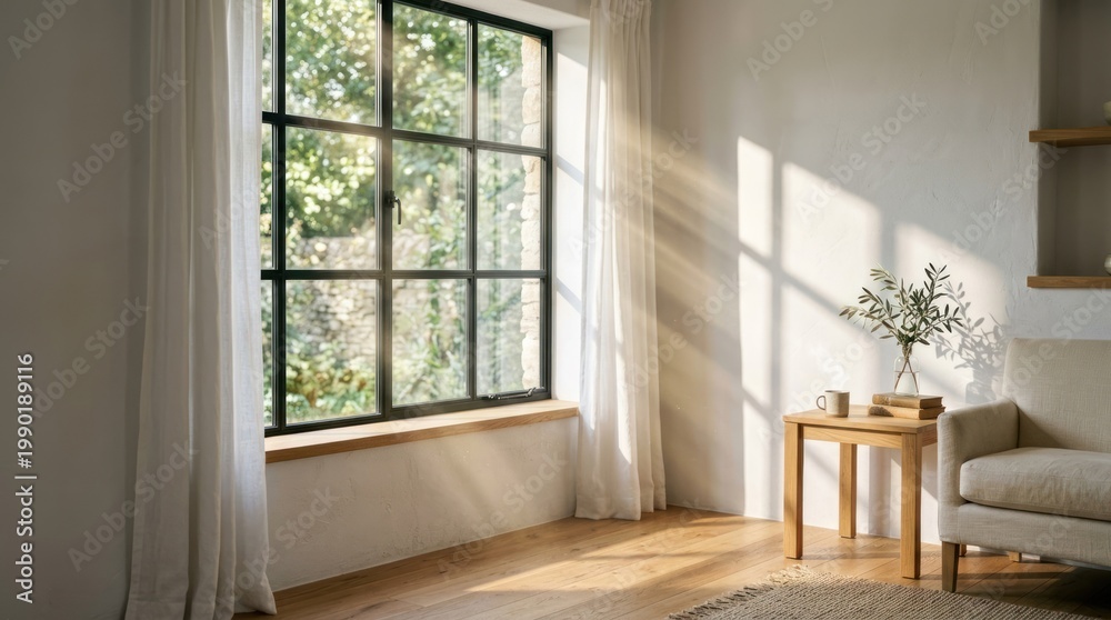 Fototapeta premium A serene living room with a white couch, wooden floor, and a window with sunlight streaming in.