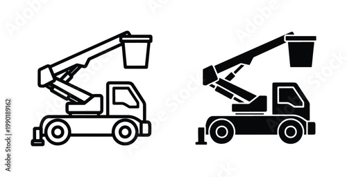 Bucket truck vector icons set, cherry picker utility vehicle symbols, industrial aerial lift platform truck for maintenance and construction work