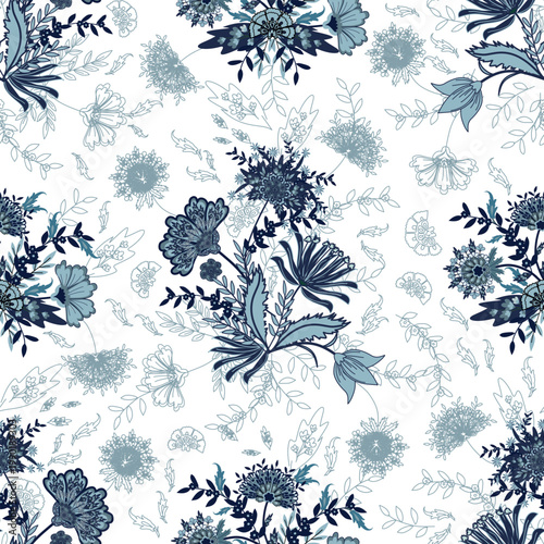 Floral seamless pattern, Flower chintz pattern seamless vector border print. Botanical batik background. Arabesque floral ornament motif for decoration fabric, women clothing, scarf, wallpaper design.
