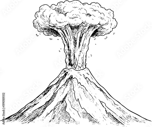Vintage Sketch of an Erupting Volcano and Smoke Plume