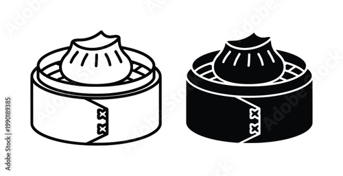 Minimalist dim sum icons, Chinese dumpling in bamboo steamer basket vector, traditional Asian food line art and solid silhouette set