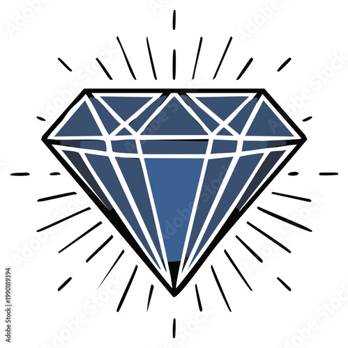 Sparkling blue diamond with radiating light rays, representing luxury and brilliance