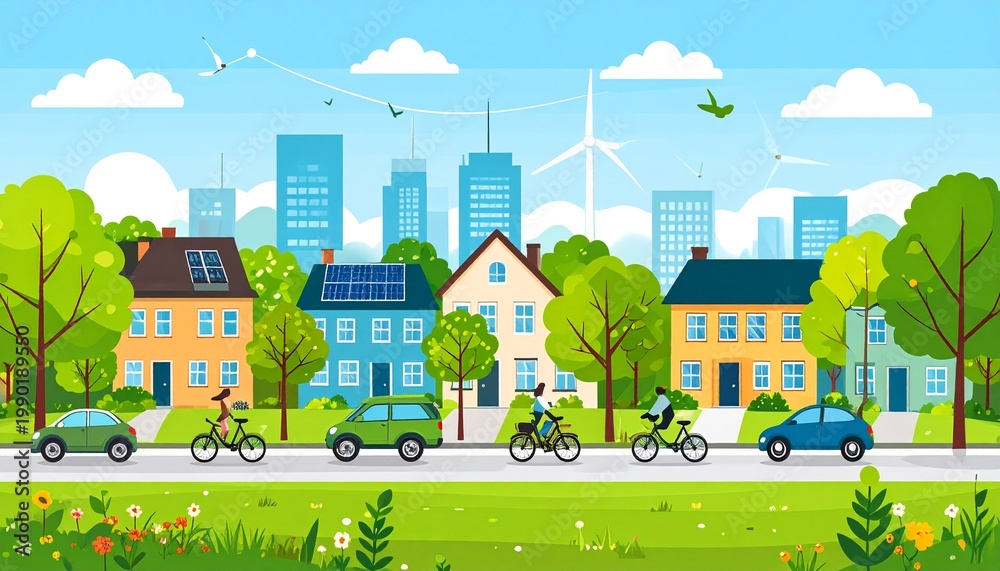 Naklejka premium Sustainable Cityscape with Green Transportation and Renewable Energy.