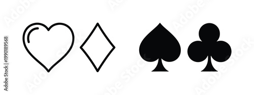 Minimalist playing card suit icons, black outline and solid vector shapes, set of 4 gambling symbols for poker and casino games
